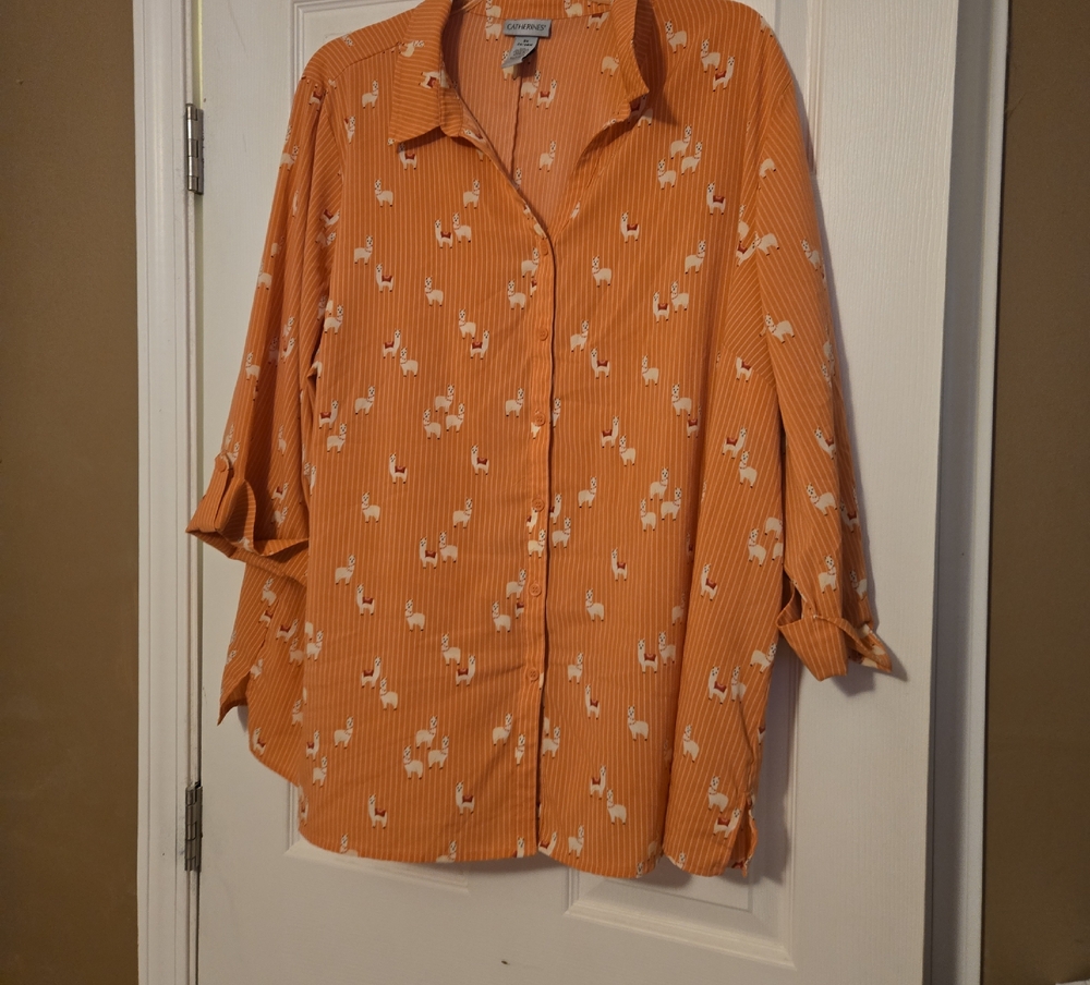 Catherines 3X Orange Button-Up Blouse Top with Llama Print 3/4 Sleeves